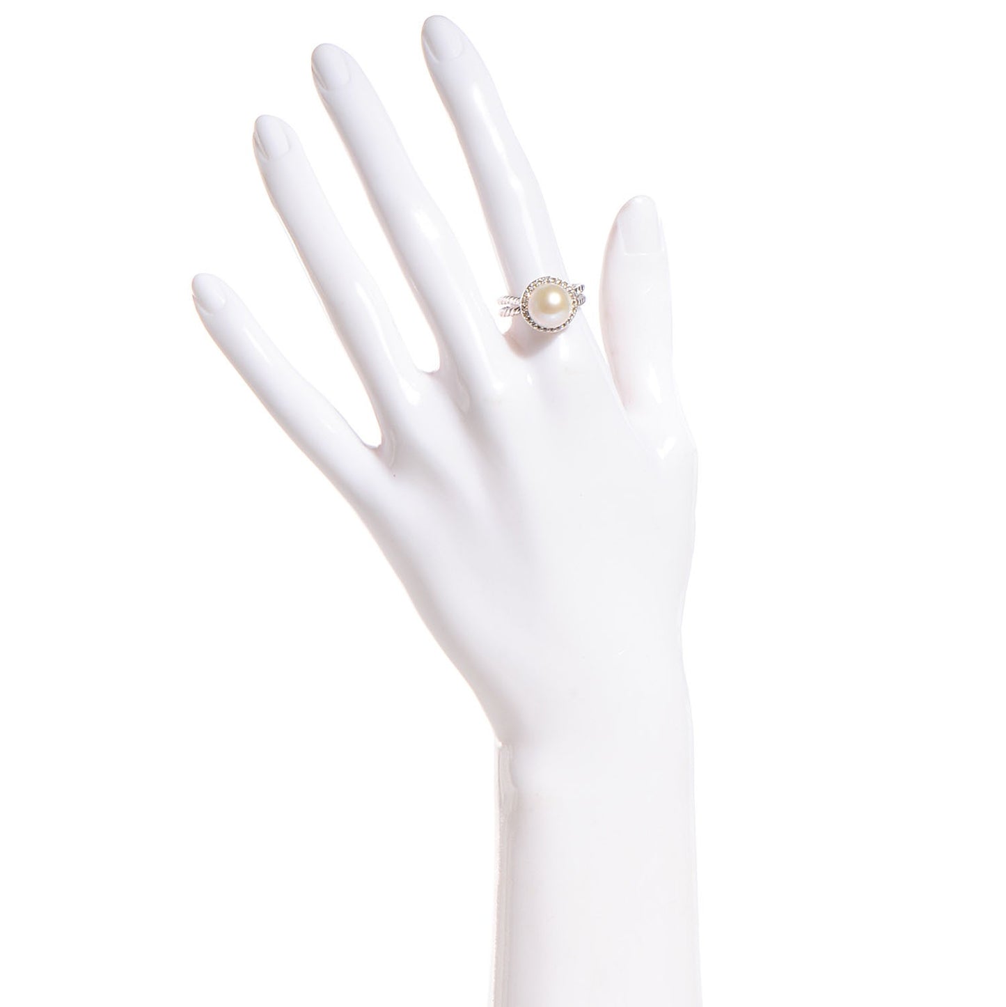 Sterling Silver Pave Diamond Pearl Cable Ring Size 6.5