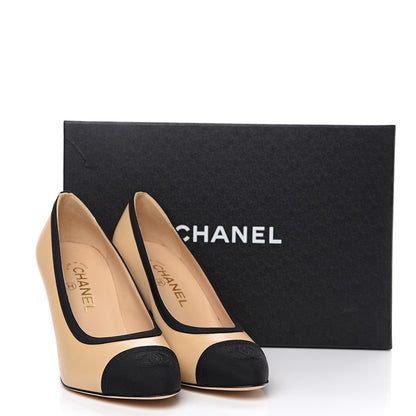 Chanel Lambskin Grosgrain Cap Toe CC Pumps 37 Beige Black 10 of 10