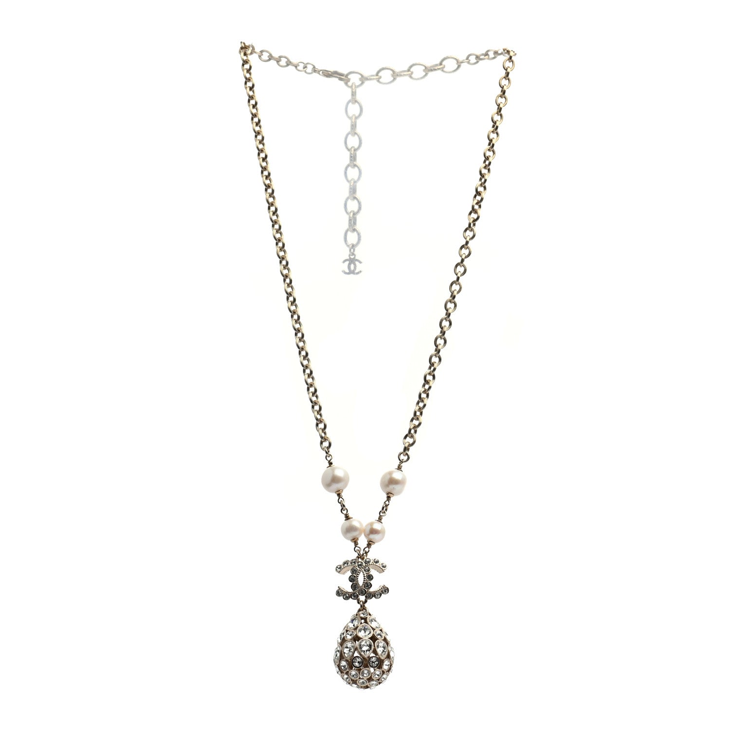 Chanel Crystal Pearl CC Teardrop Pendant Necklace Gold 3 of 5