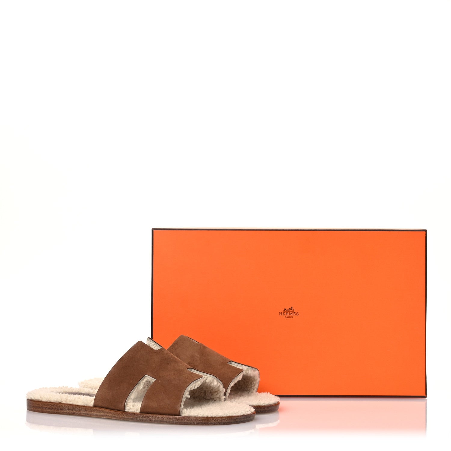 Hermes Suede Goatskin Shearling Mens Izmir Sandals 42.5 Marron