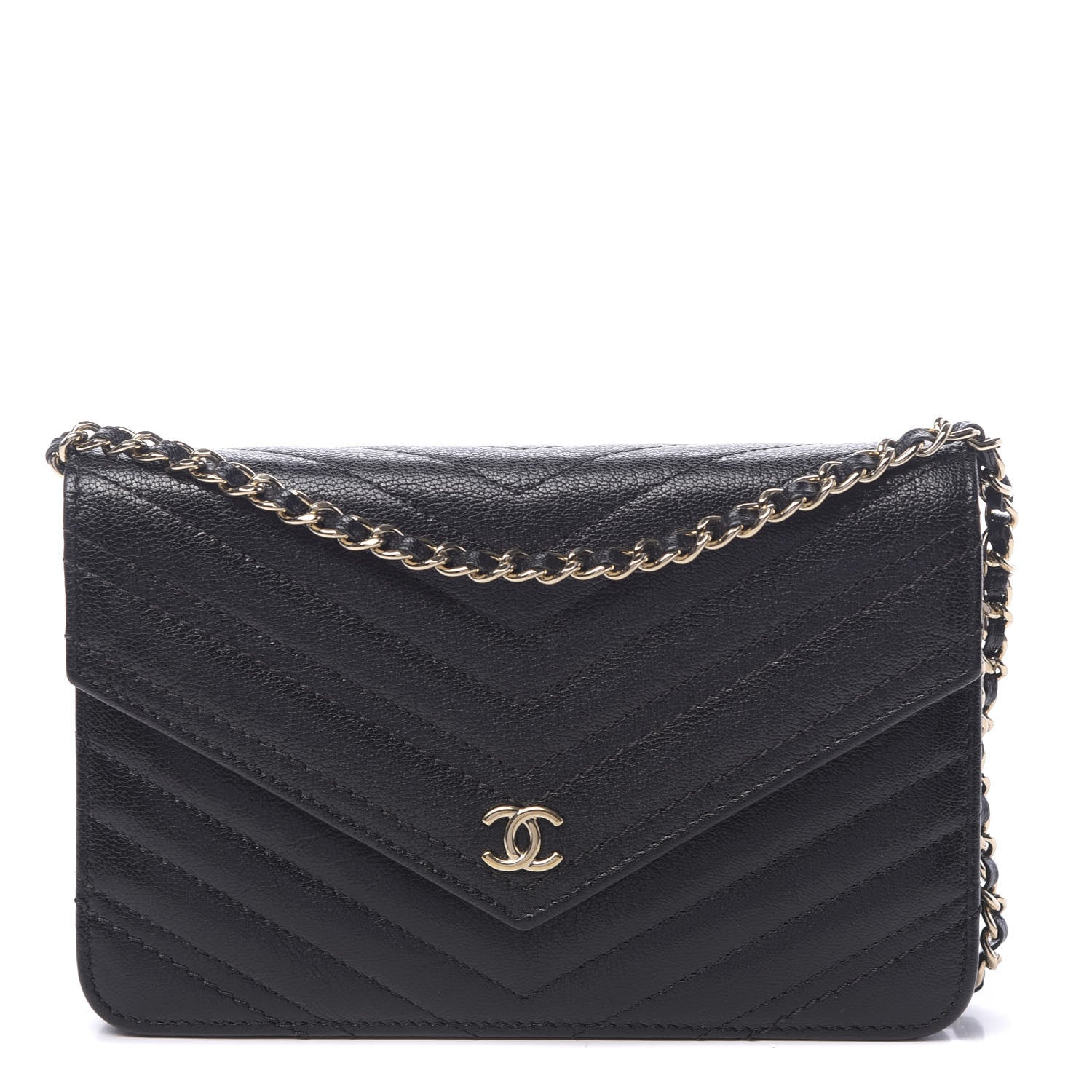 Chanel Goatskin Chevron Quilted Statement Wallet On Chain WOC Black 1 of 12