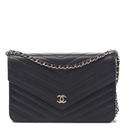 Chanel Goatskin Chevron Quilted Statement Wallet On Chain WOC Black 1 of 12