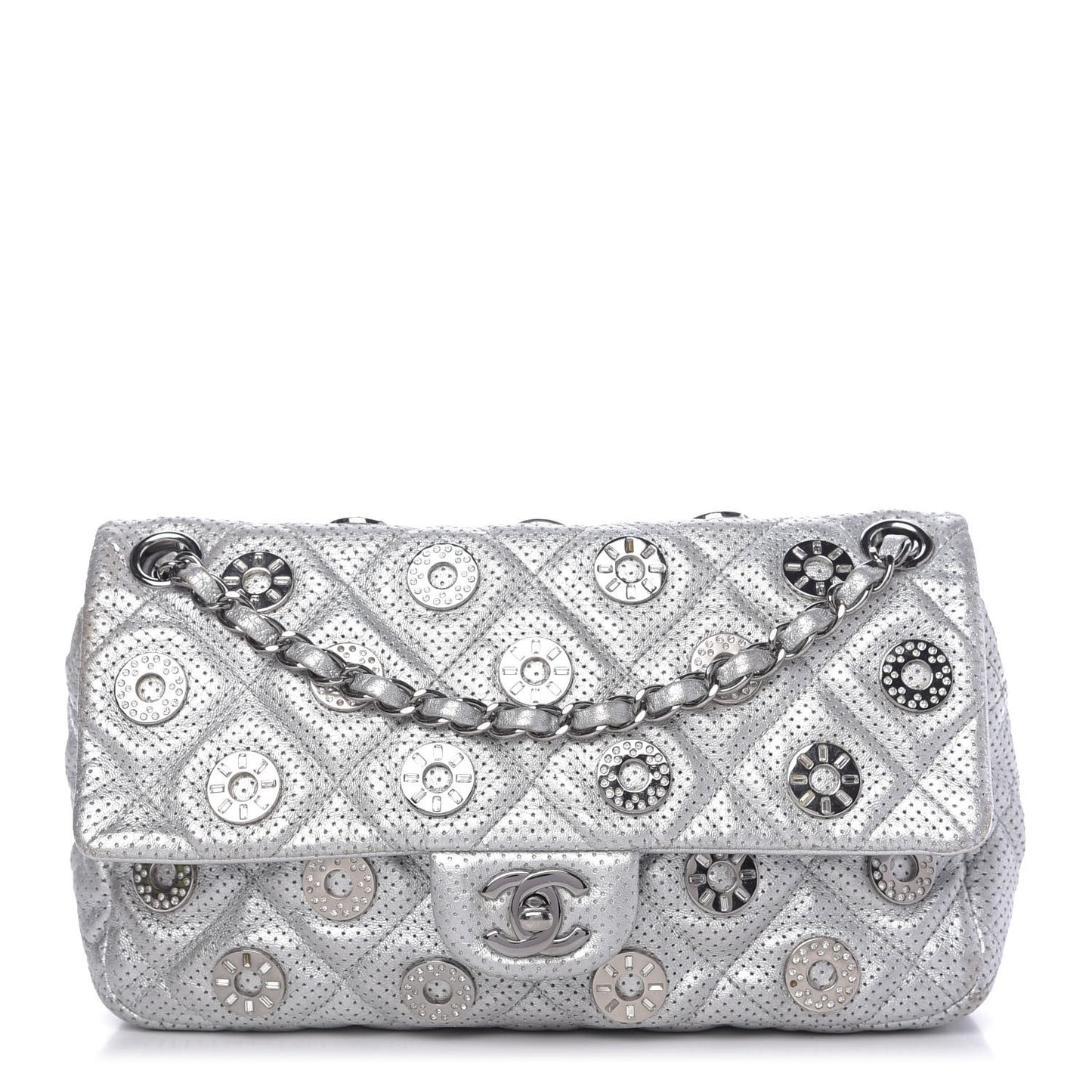 Metallic Lambskin Perforated Quilted Medium CC Medals Flap Silver