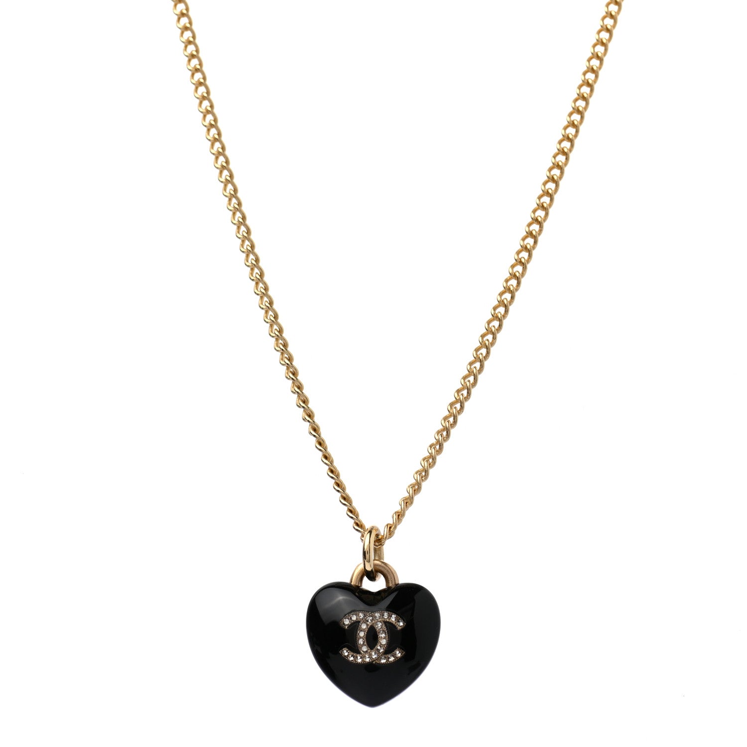 Chanel Resin Crystal CC Heart Necklace Black Gold 1 of 5