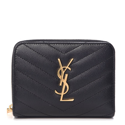 Saint Laurent Grain De Poudre Matelasse Chevron Monogram Compact Zip Around Wallet Black 1 of 11