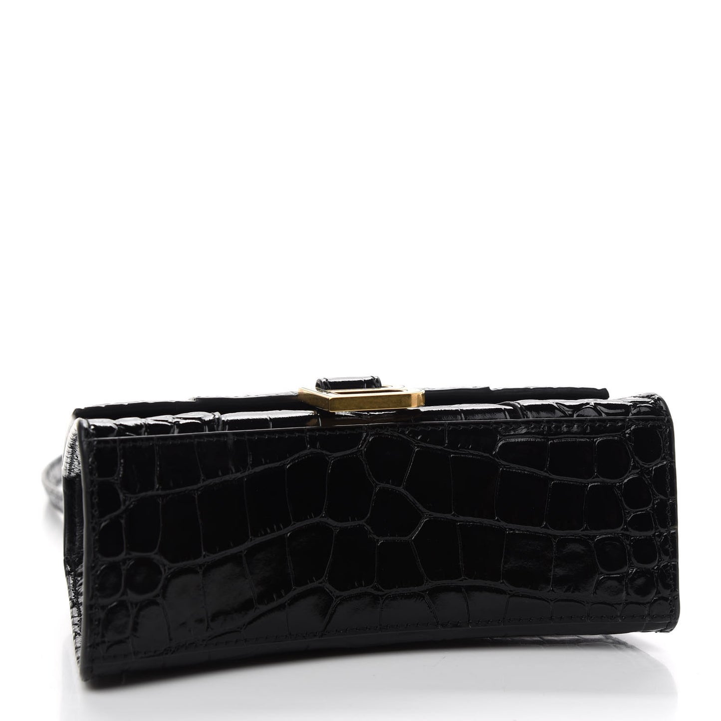 Shiny Calfskin Crocodile Embossed Hourglass Top Handle Bag XS Black