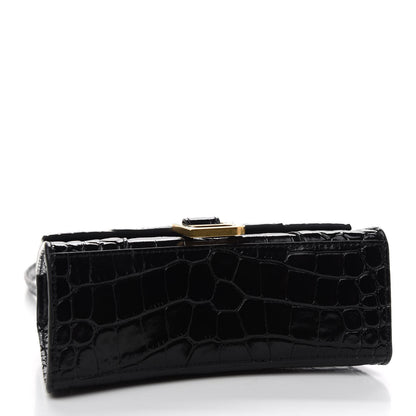 Balenciaga Shiny Calfskin Crocodile Embossed Hourglass Top Handle Bag XS Black 4 of 8
