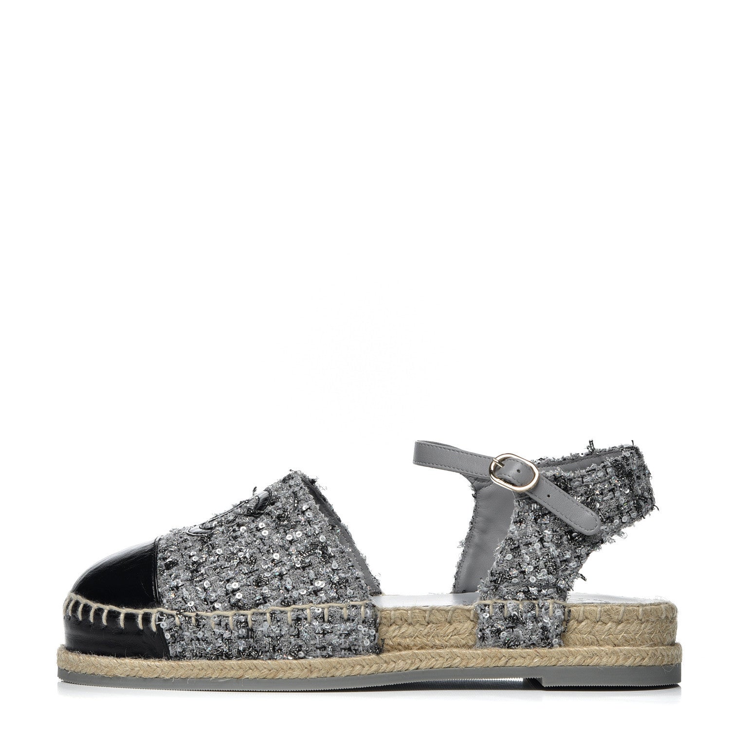 Chanel Sequin Tweed Glazed Calfskin Patent Cap Toe CC Espadrille Sandals 37 Black Grey 1 of 10