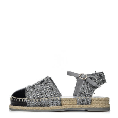 Chanel Sequin Tweed Glazed Calfskin Patent Cap Toe CC Espadrille Sandals 37 Black Grey 1 of 10