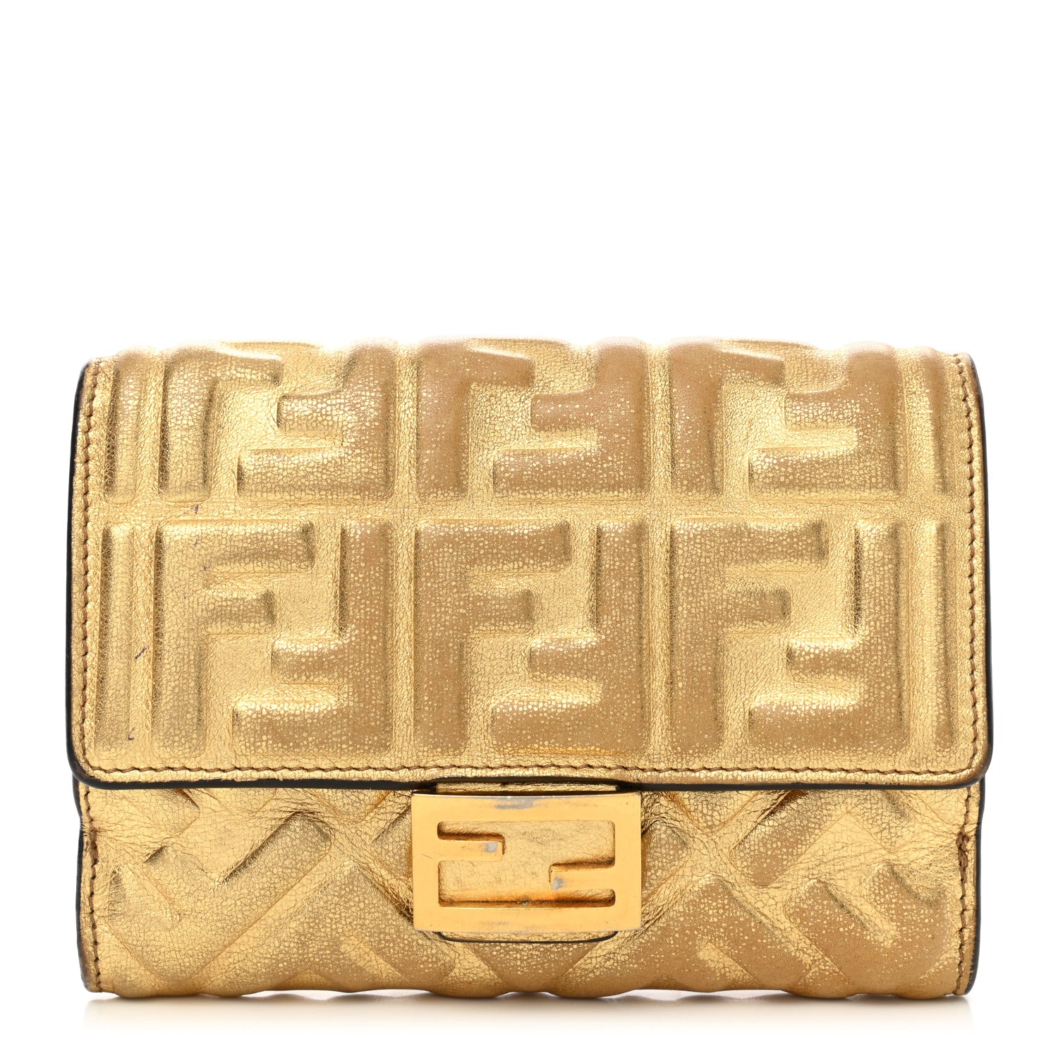 Fendi Vitello Catalan Mirror FF 1974 Embossed Medium Wallet Gold 1 of 14