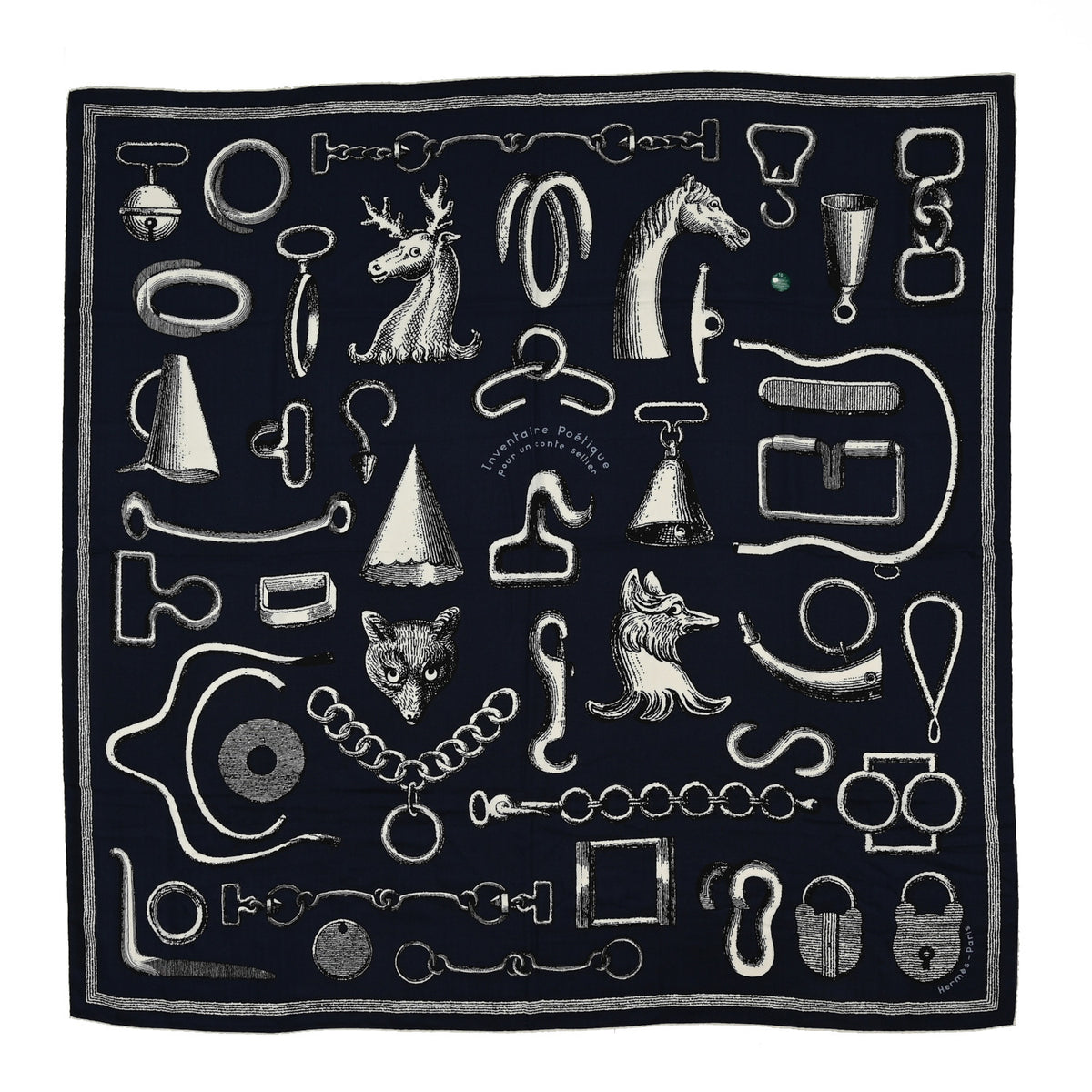 Hermes Cashmere Silk Inventaire Poetique Pour Un Conte Shawl 140  Caban White Black 1 of 3