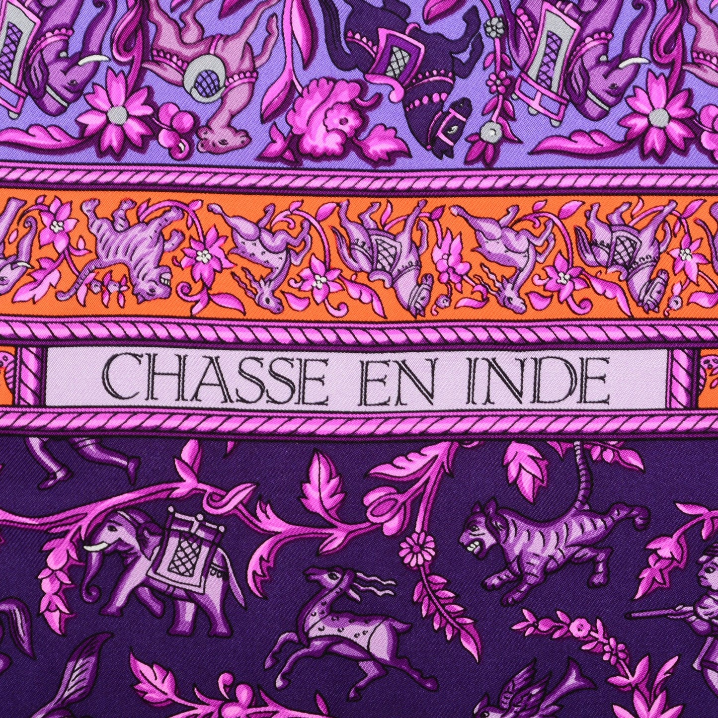 Silk Chasse En Inde Scarf 90 Violet Orange Rose Indien