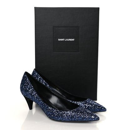 Saint Laurent Charlotte Glitter Point-toe Kitten-Heel Pumps 36.5 Blue 9 of 9