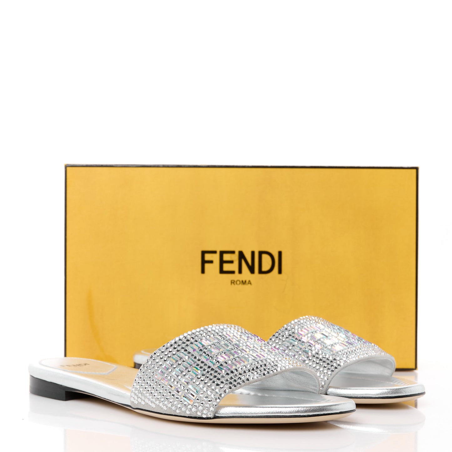 Laminated Goatskin Baguette Crystal Embroidered Signature Flat Slide Sandals 39 Silver