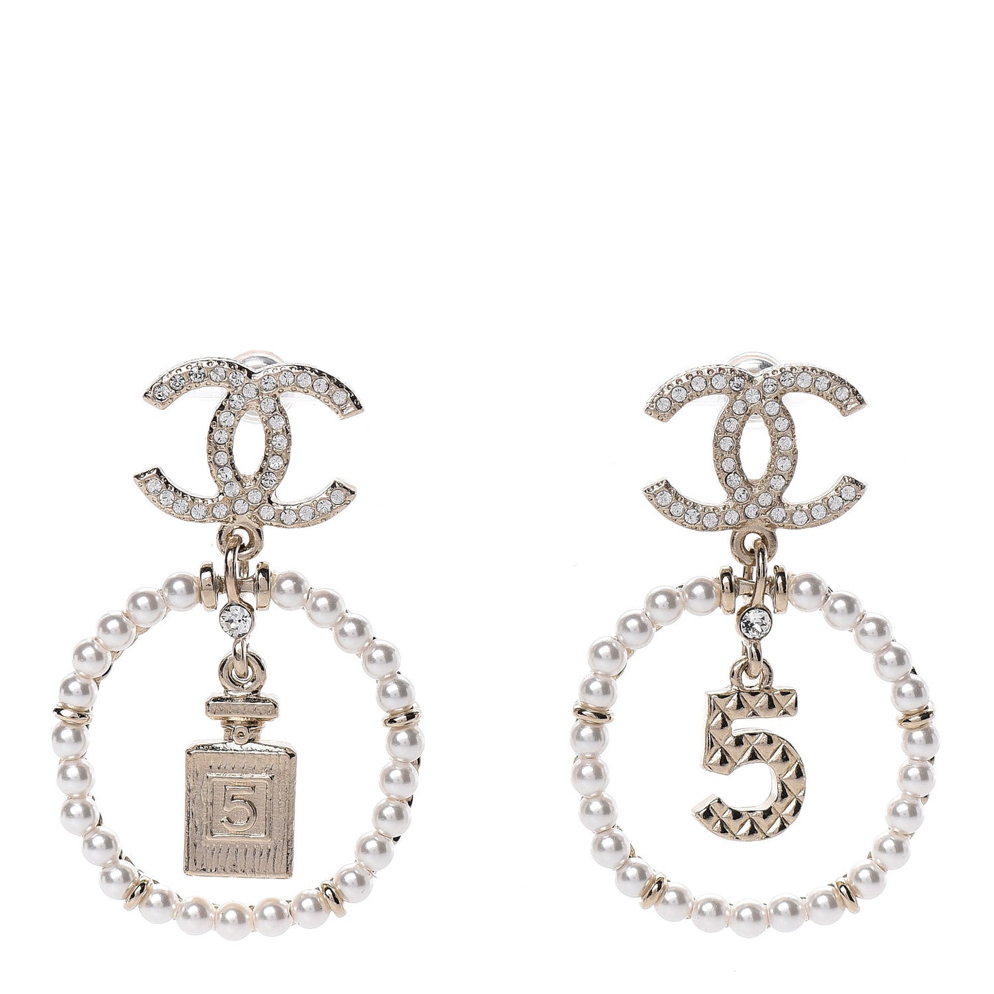 Crystal Pearl Charms CC Drop Earrings Gold