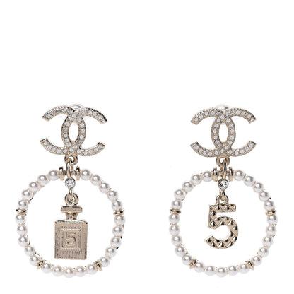 Chanel Crystal Pearl Charms CC Drop Earrings Gold 1 of 5