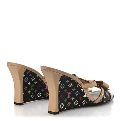 Louis Vuitton Monogram Multicolor Bow Wedge Sandals 38.5 Black 5 of 15