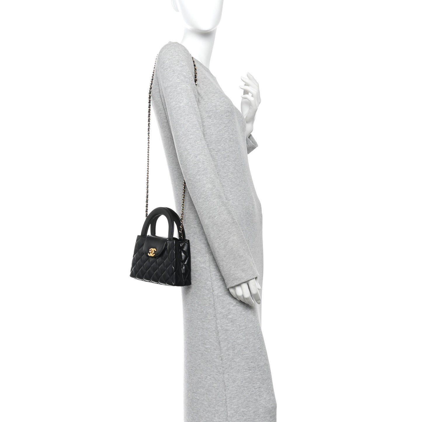 Shiny Aged Calfskin Quilted Nano Kelly Shopper Black
