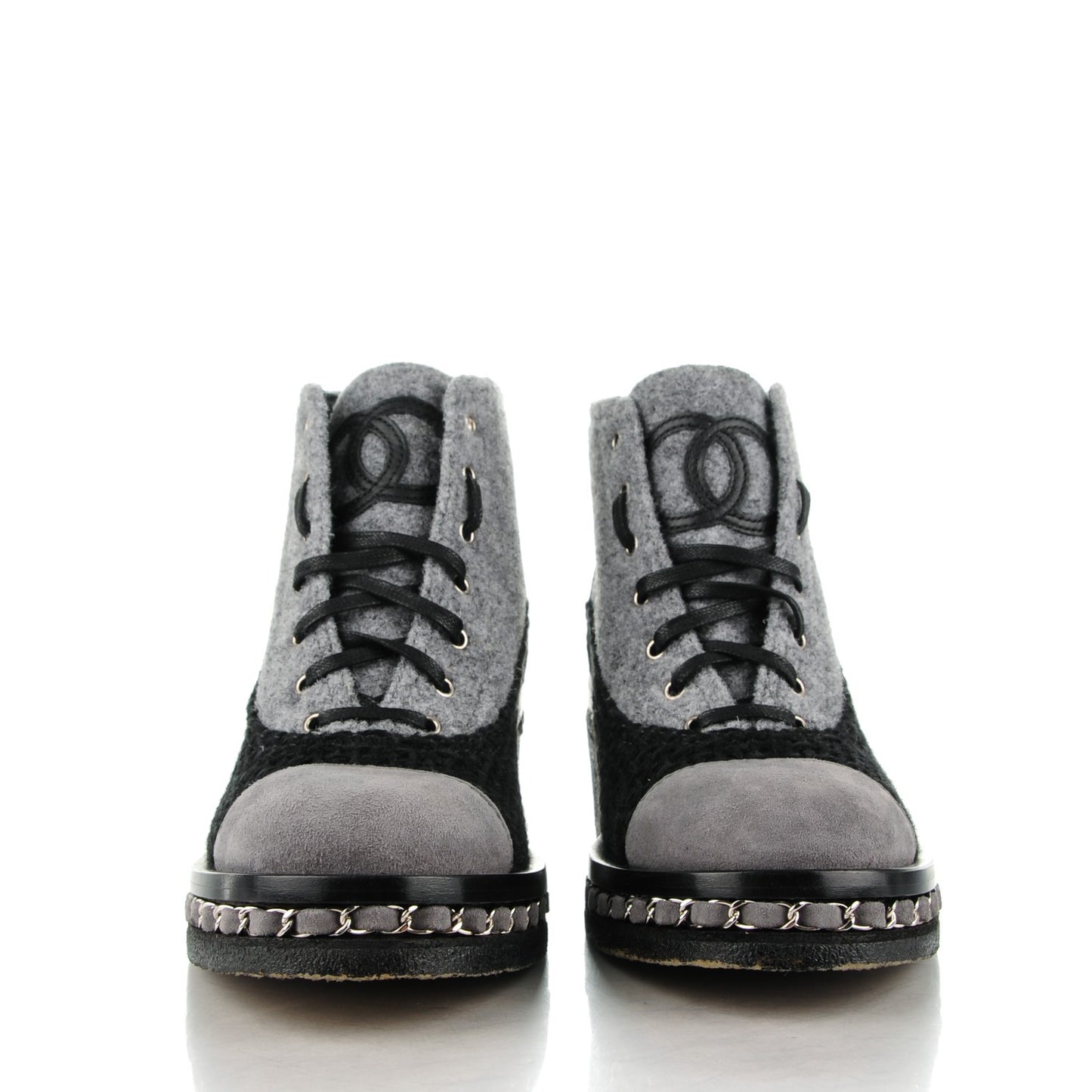 Tweed Suede Calfskin Chain Around Boots 38 Grey Black