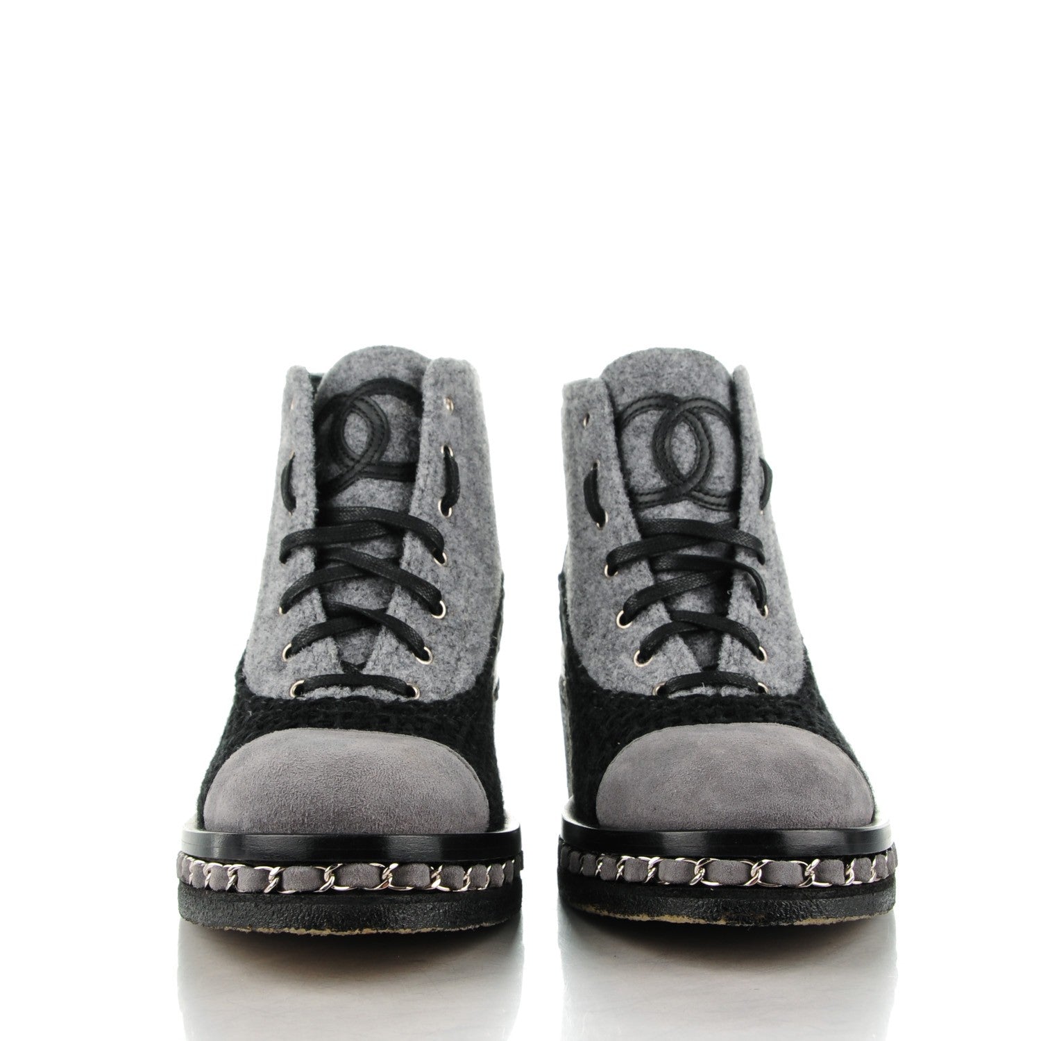 Chanel Tweed Suede Calfskin Chain Around Boots 38 Grey Black 2 of 9