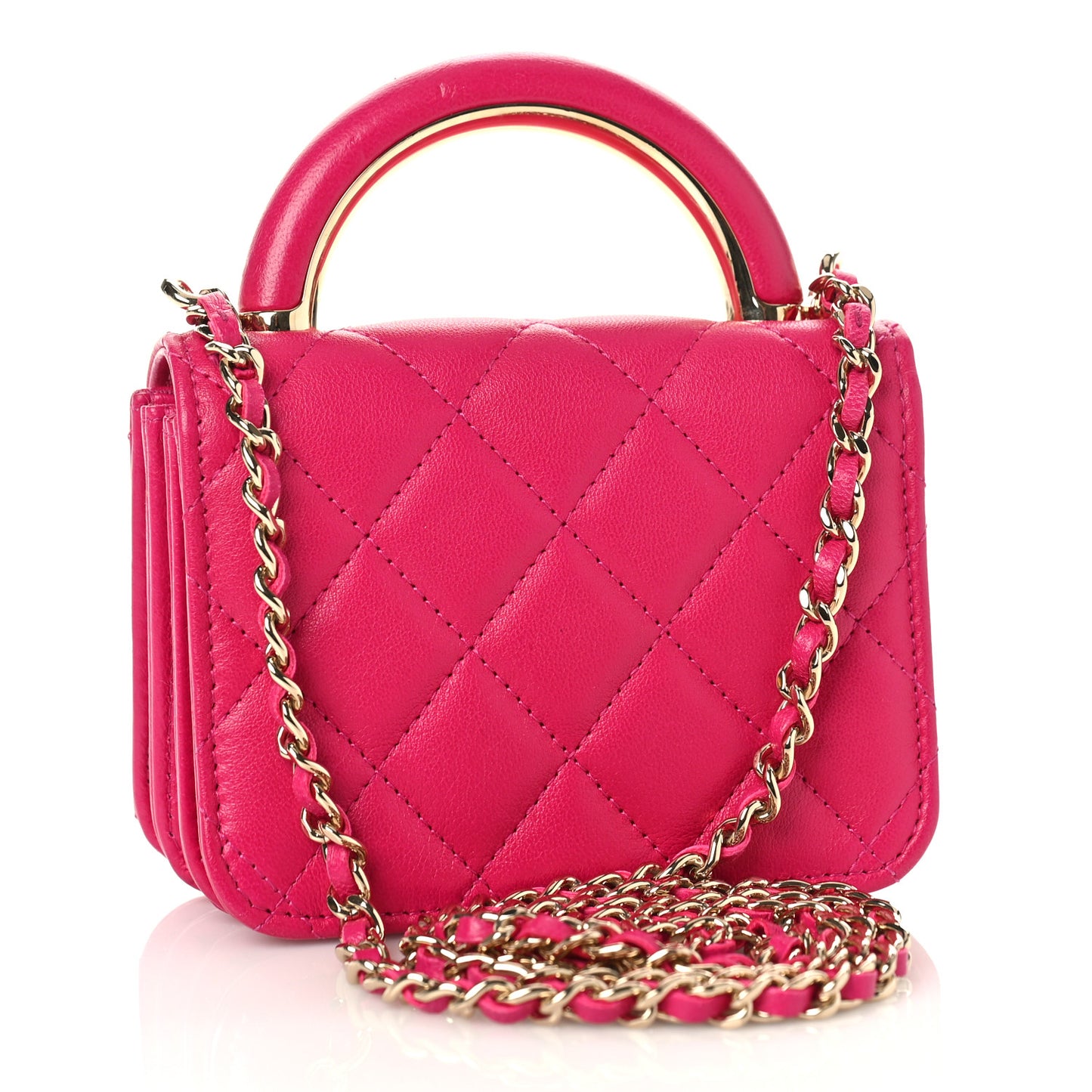 Lambskin Quilted Top Handle Flap Clutch With Chain Fuchsia
