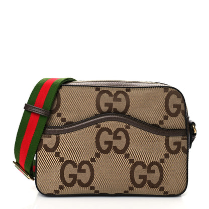 Gucci Monogram Jumbo GG Textured Dollar Calfskin Web Messenger Shoulder Bag Camel Ebony New Acero 1 of 11