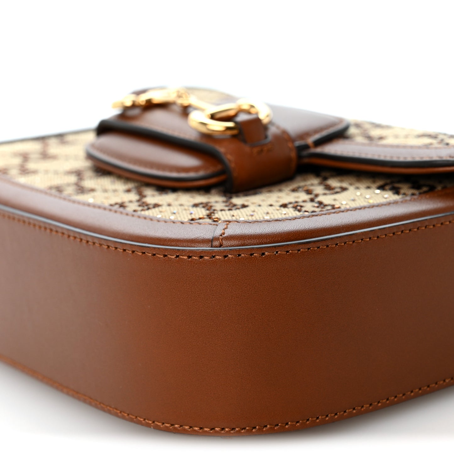 New Canvas Charisma Calfskin Crystal GG Monogram Mini Horsebit 1955 Shoulder Bag Camel Ebony