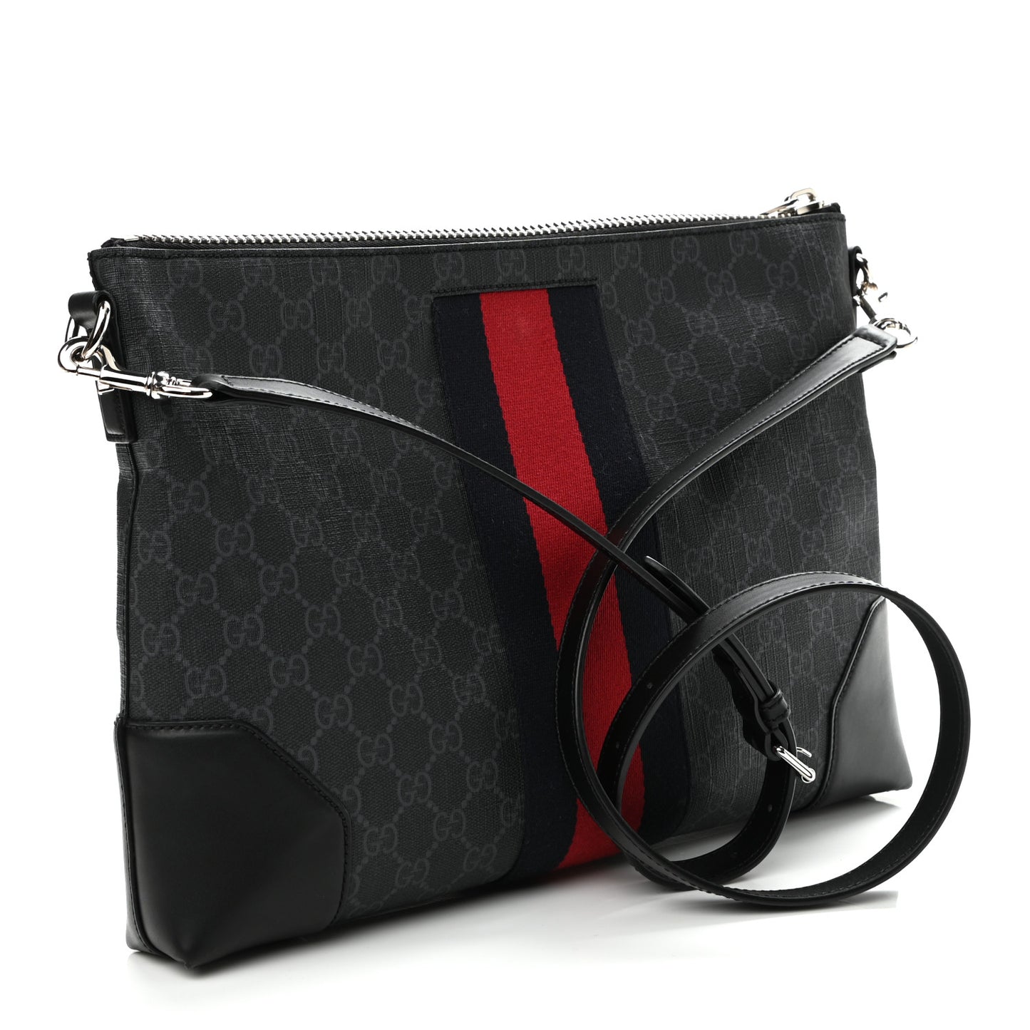 Soft GG Supreme Monogram Appia Calfskin Web East West Messenger Bag Black Grey