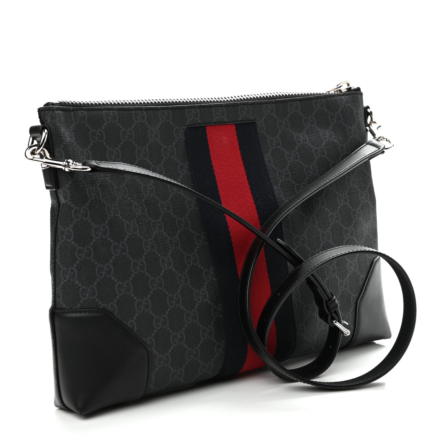 Gucci Soft GG Supreme Monogram Appia Calfskin Web East West Messenger Bag Black Grey 3 of 11
