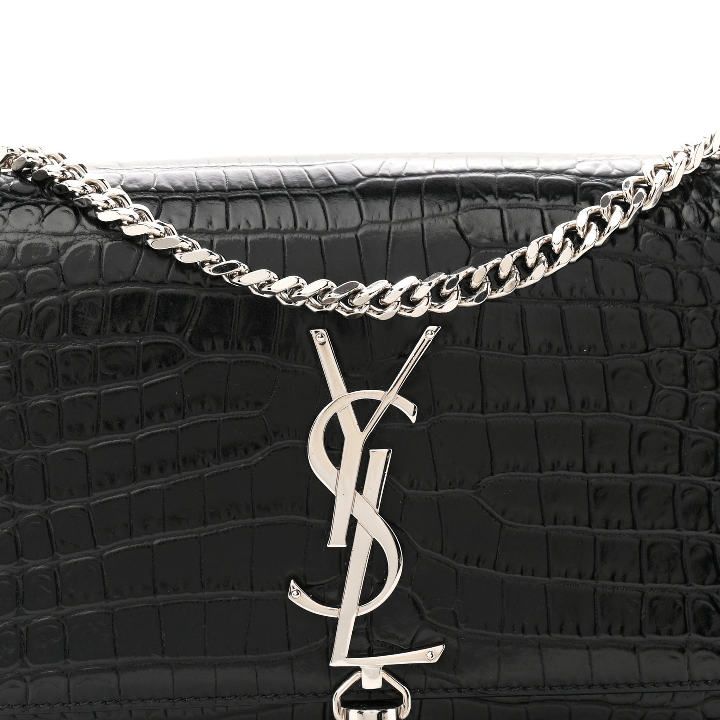 Calfskin Crocodile Embossed Small Classic Monogram Kate Tassel Satchel Black