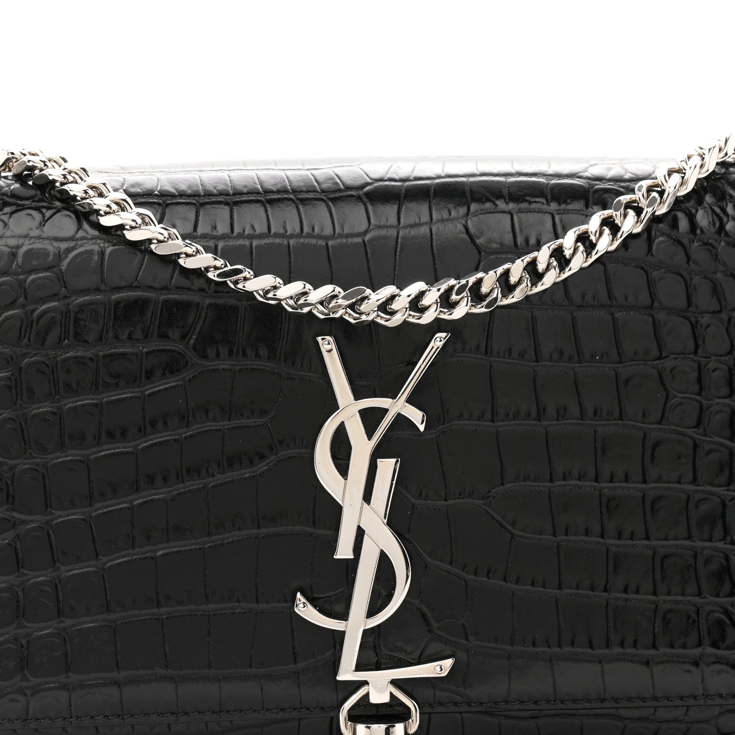 Saint Laurent Calfskin Crocodile Embossed Small Classic Monogram Kate Tassel Satchel Black 8 of 11