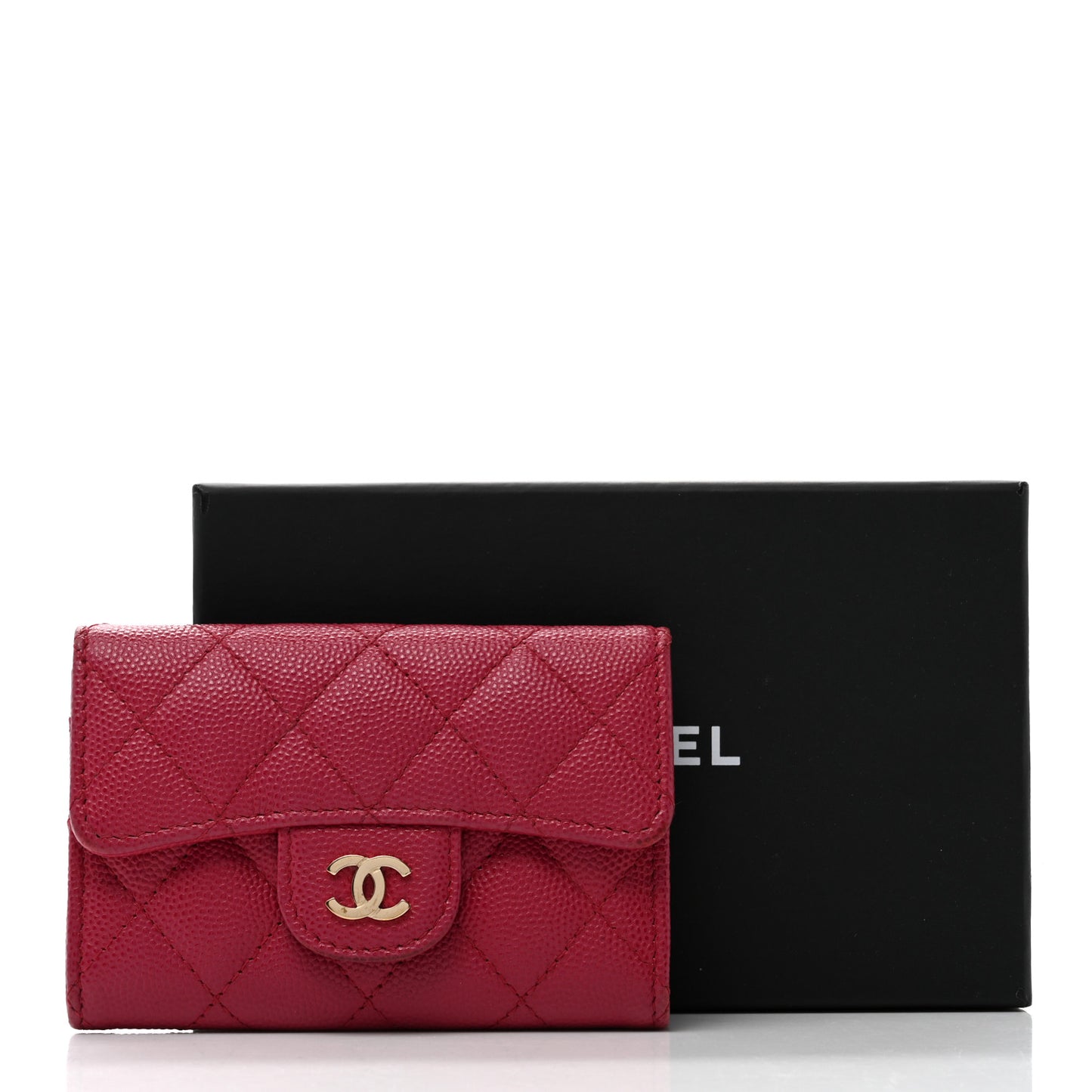 Caviar Quilted Flap Card Holder Wallet Dark Pink