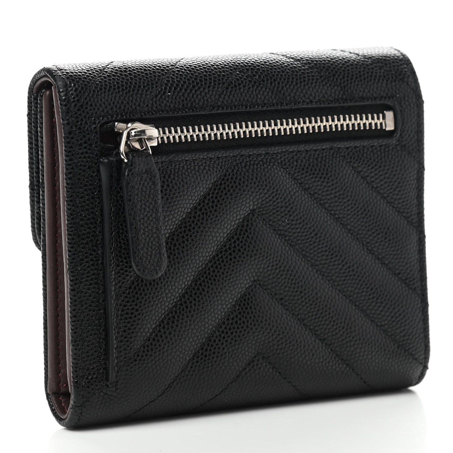 Caviar Chevron Quilted Compact Flap Wallet Black