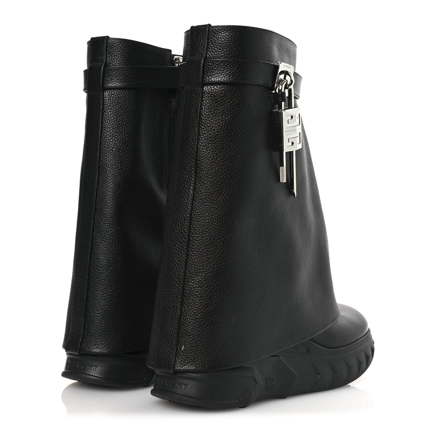 Grained Calfskin Shark Lock Biker Ankle Boots 38 Black