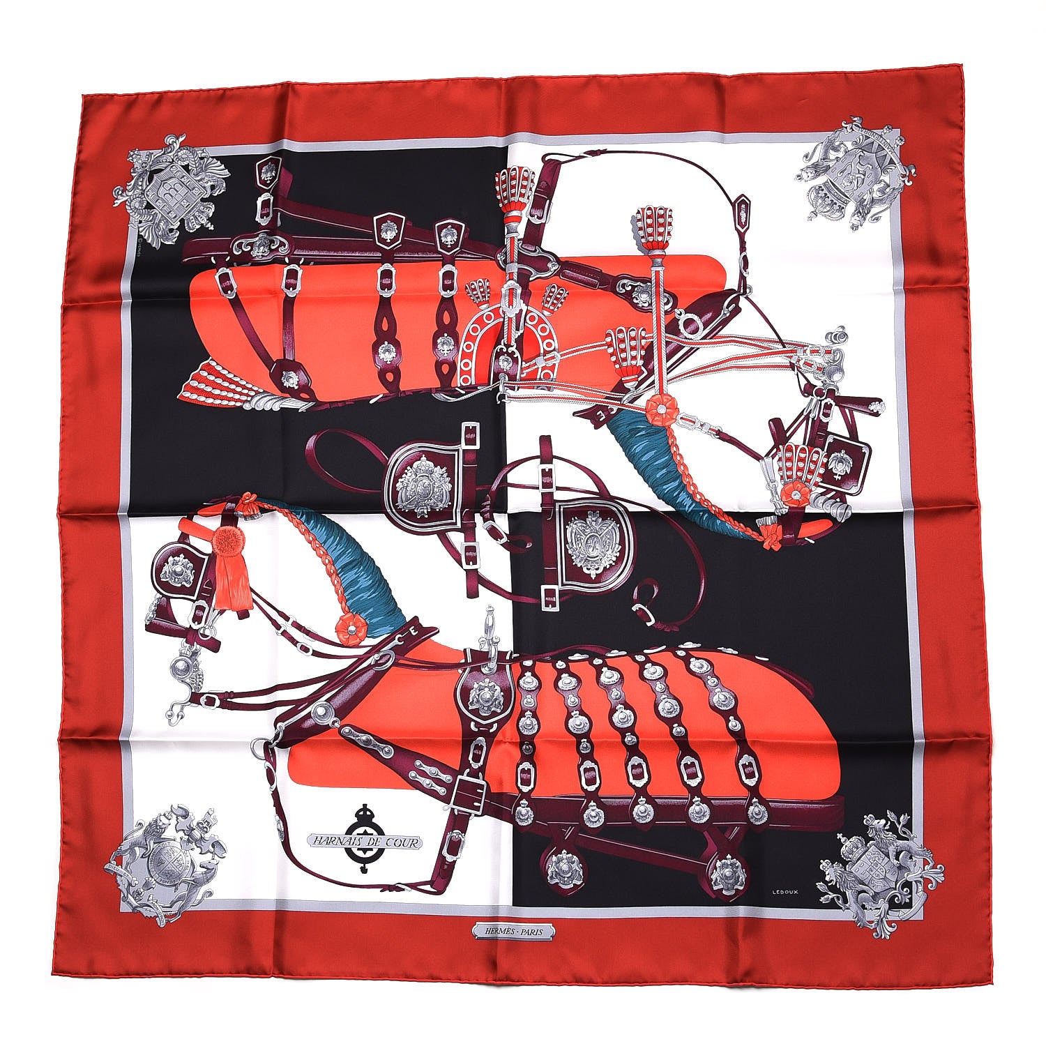 Hermes Silk Harnais De Cour Scarf 90 Bordeaux Black Corail 1 of 10