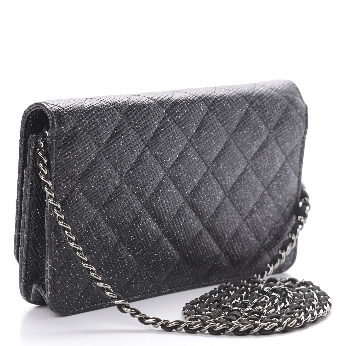 Glitter Calfskin Quilted Wallet on Chain WOC Black Silver
