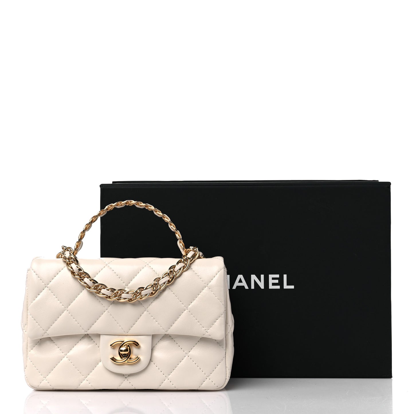 Shiny Lambskin Quilted Golden Links Top Handle Flap White