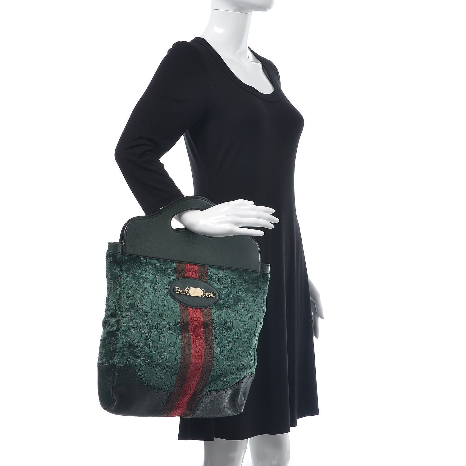 Gucci Velvet Horsebit Embossed Large Punch Top Handle Tote Green 1 of 12