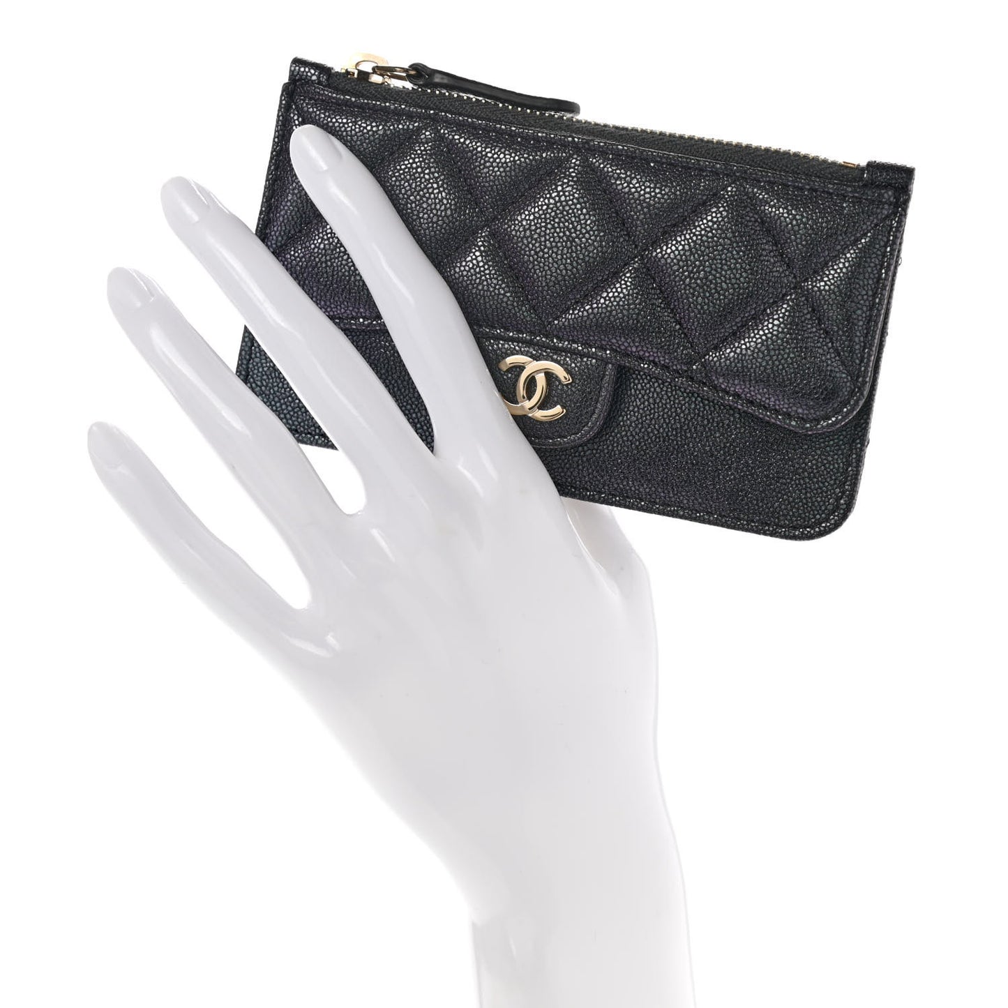 Iridescent Caviar Quilted Flap Zip Card Holder Black