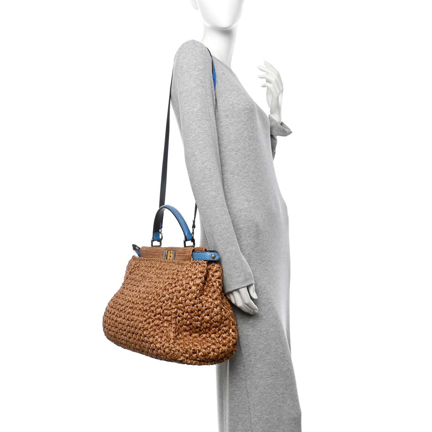 Fendi Raffia Snakeskin Large Peekaboo X-Tote Miele Bluette 2 of 10