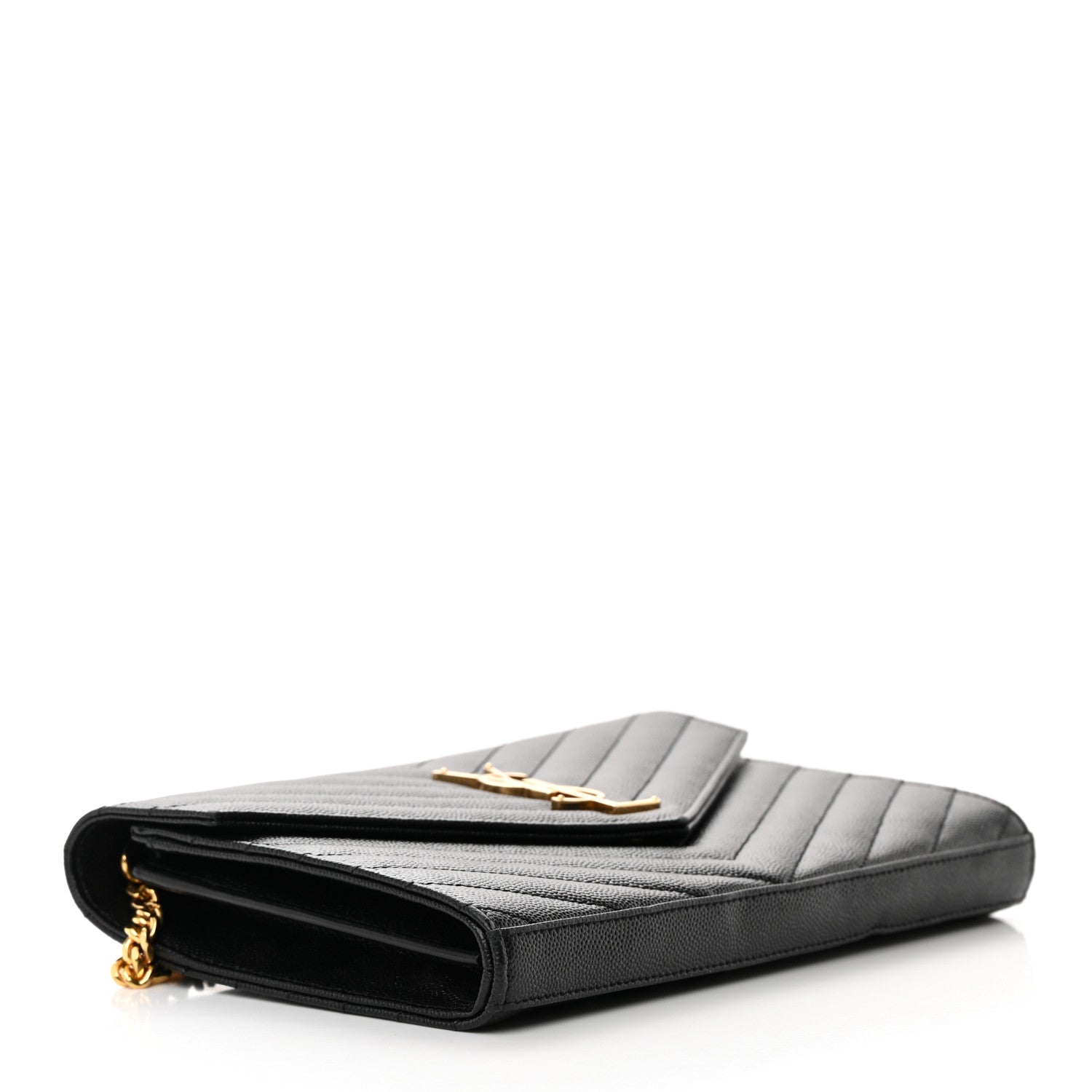 Saint Laurent Grain De Poudre Matelasse Chevron Monogram Chain Wallet Black 4 of 17