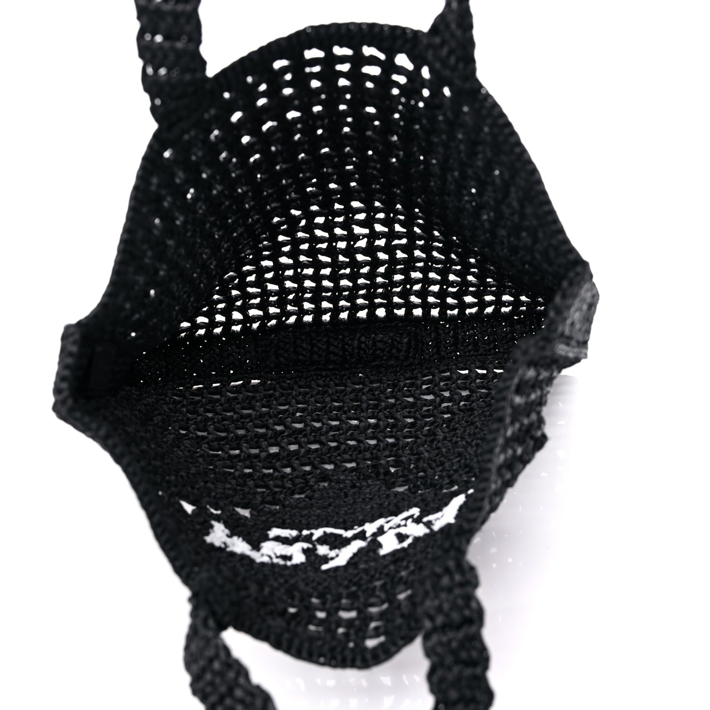 Yarn Raffia Effect Crochet Logo Embroidered Tote Bag Black