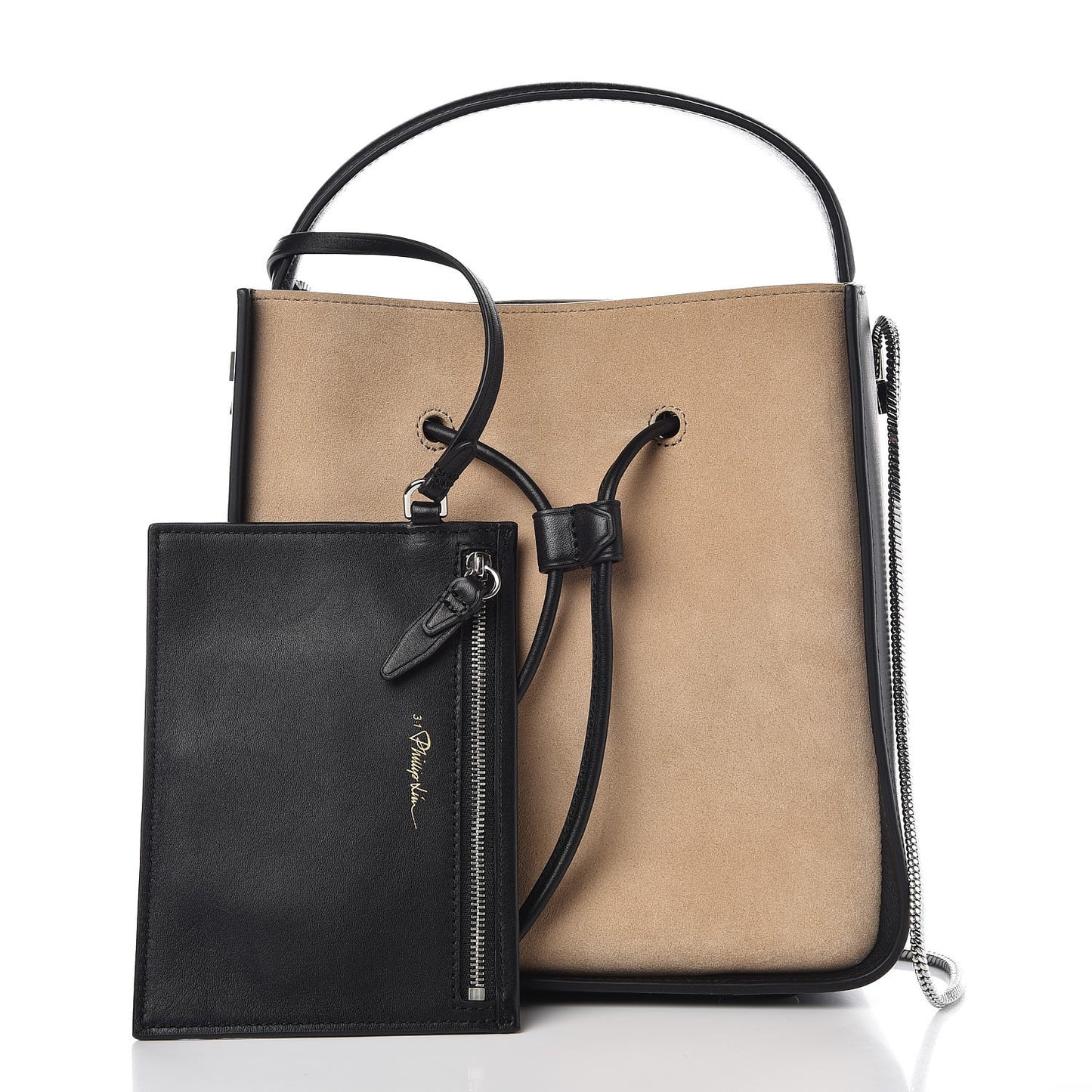 3.1 Smooth Calfskin Suede Bi-Color Small Soleil Bucket Drawstring Almond Black