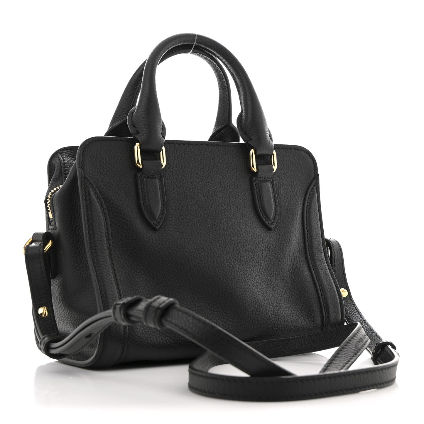Pebbled Calfskin Mini Skull Padlock Zip Around Tote Black