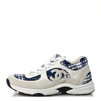 Chanel Tweed Suede Calfskin Womens CC Sneakers 38.5 Dark Blue Black Grey White 1 of 10