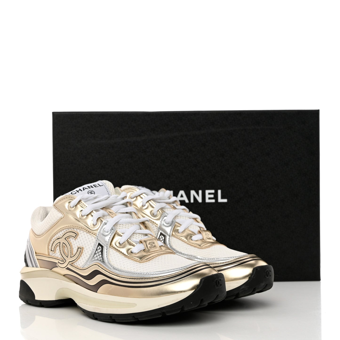 Nylon Metallic Lambskin CC Sneakers 37.5 White Gold