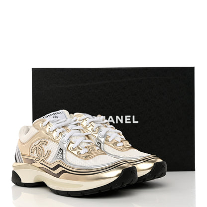 Chanel Nylon Metallic Lambskin CC Sneakers 37.5 White Gold 9 of 9