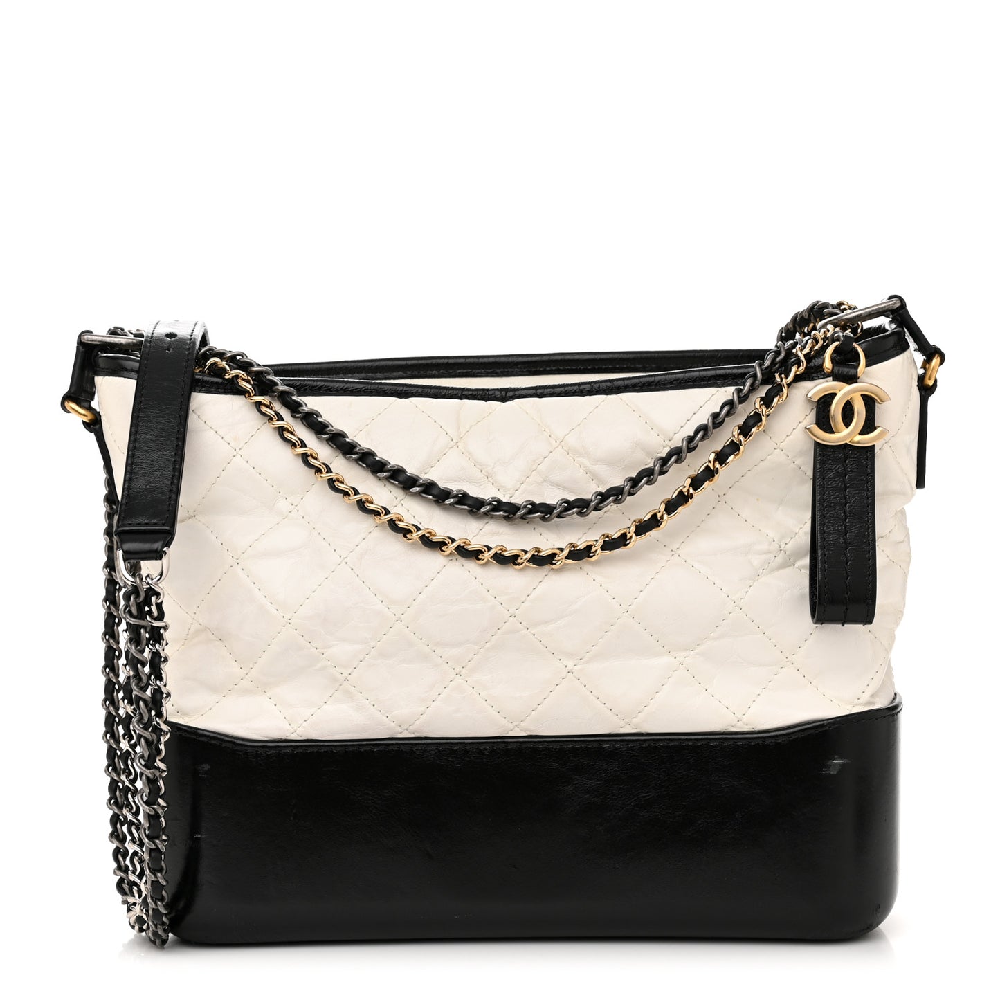 Aged Calfskin Quilted Medium Gabrielle Hobo Black White
