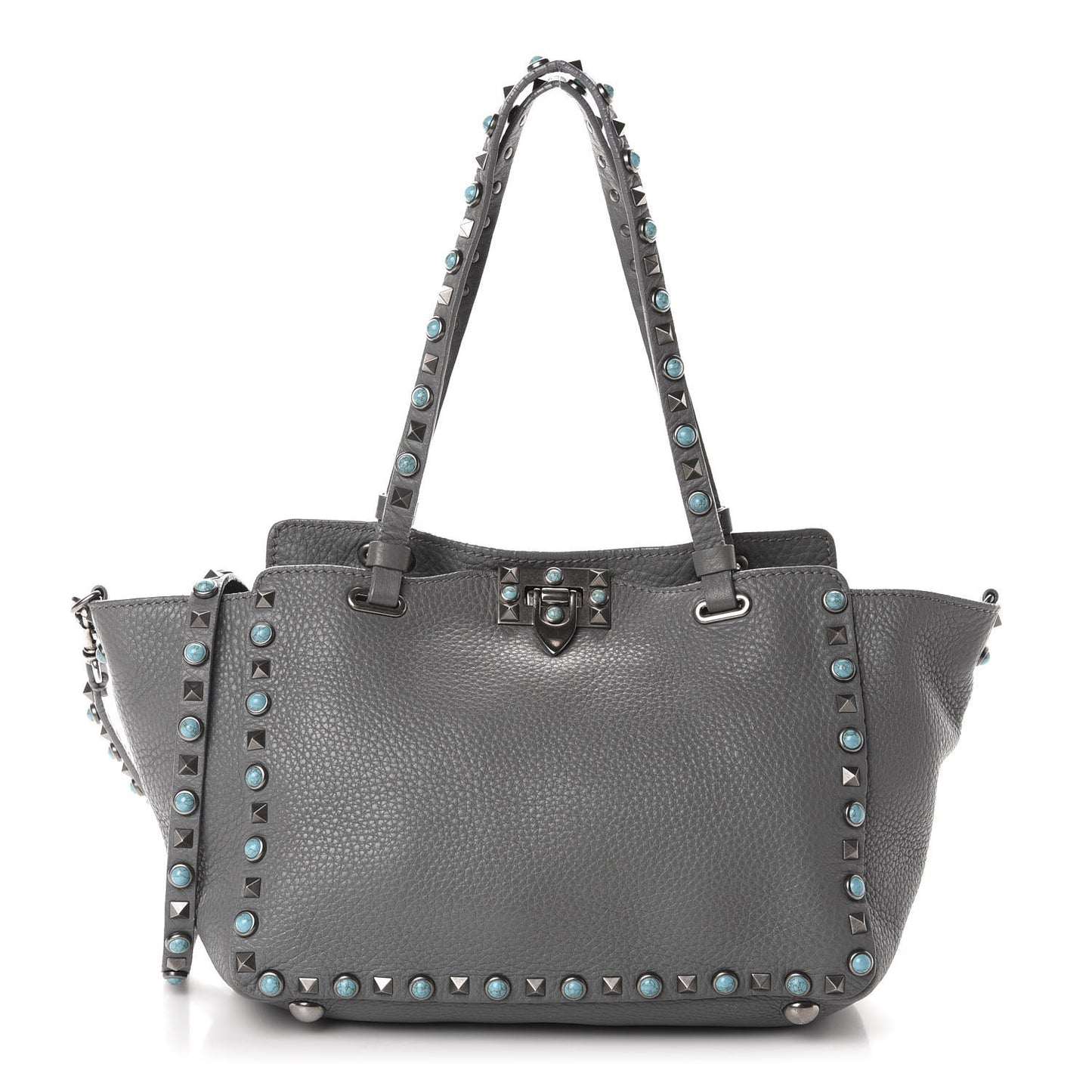 Grained Calfskin Turquoise Small Rockstud Rolling Tote Light Stone