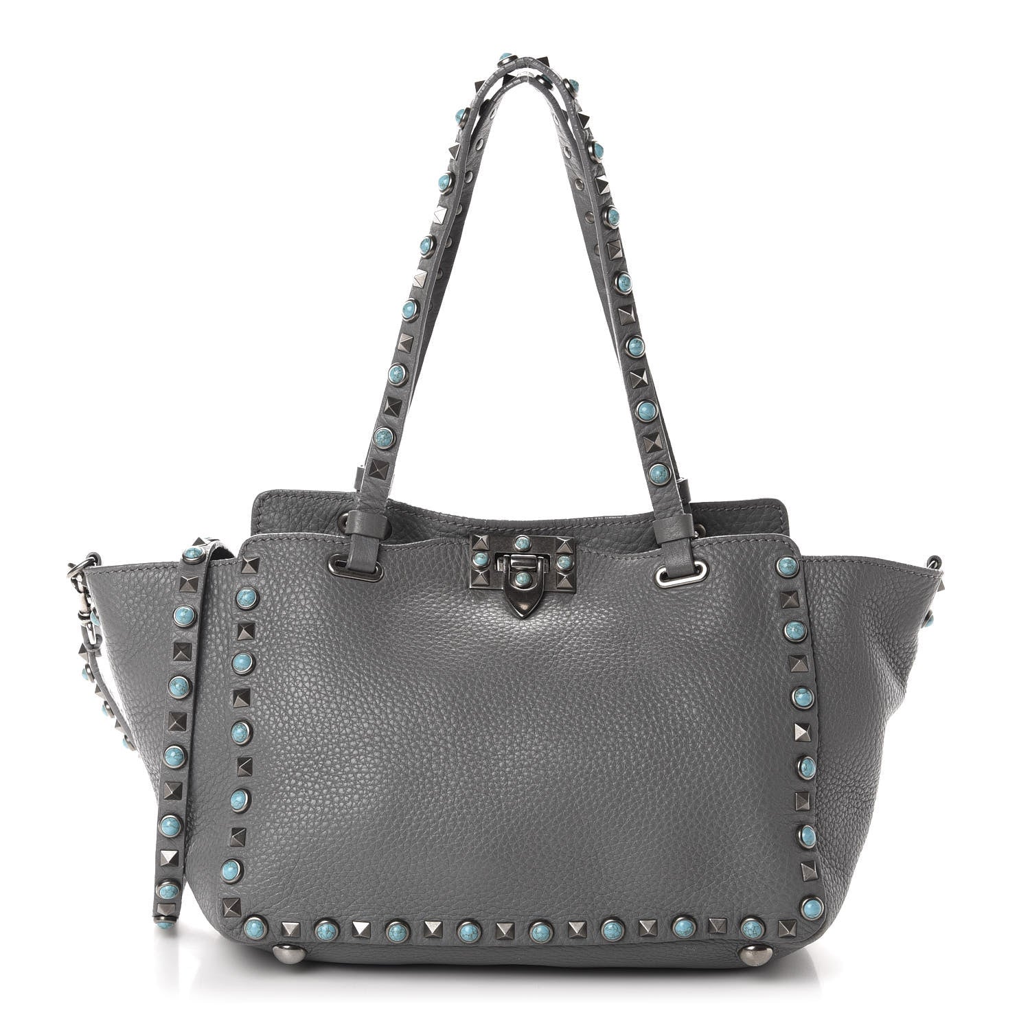 Valentino Garavani Grained Calfskin Turquoise Small Rockstud Rolling Tote Light Stone 1 of 14